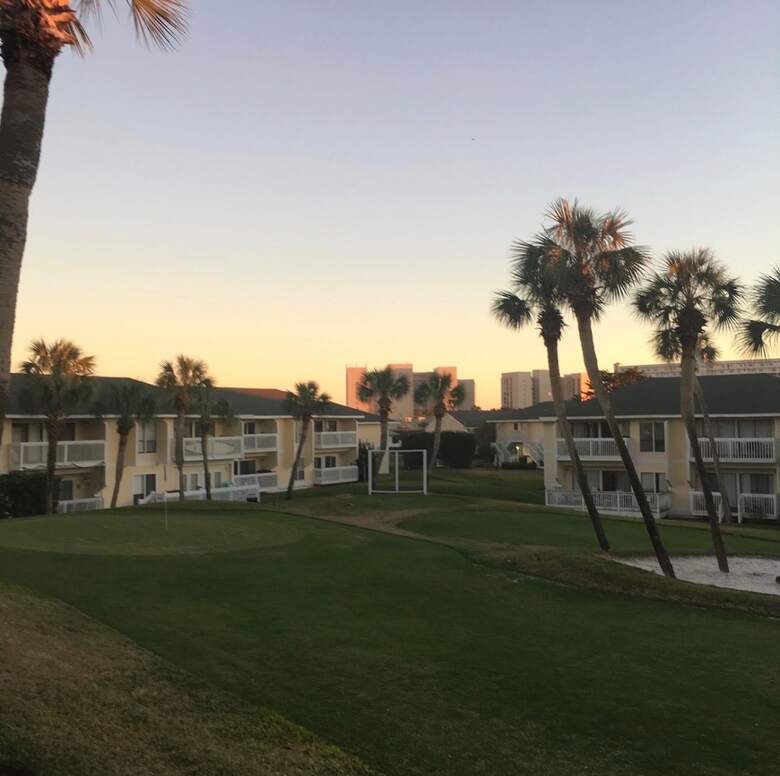 Par-3 golf course green at dusk lined with palm trees at Sandpiper Cove